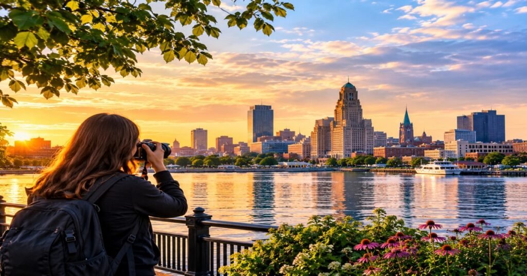 Scenic view of the best photo spots in buffalo ny overlooking water and historic architecture