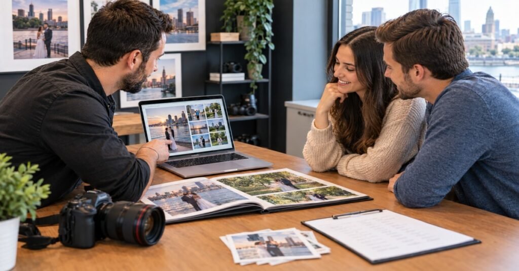Professional photographer Buffalo NY reviewing wedding portfolios, printed photo albums, and pricing packages with clients in studio