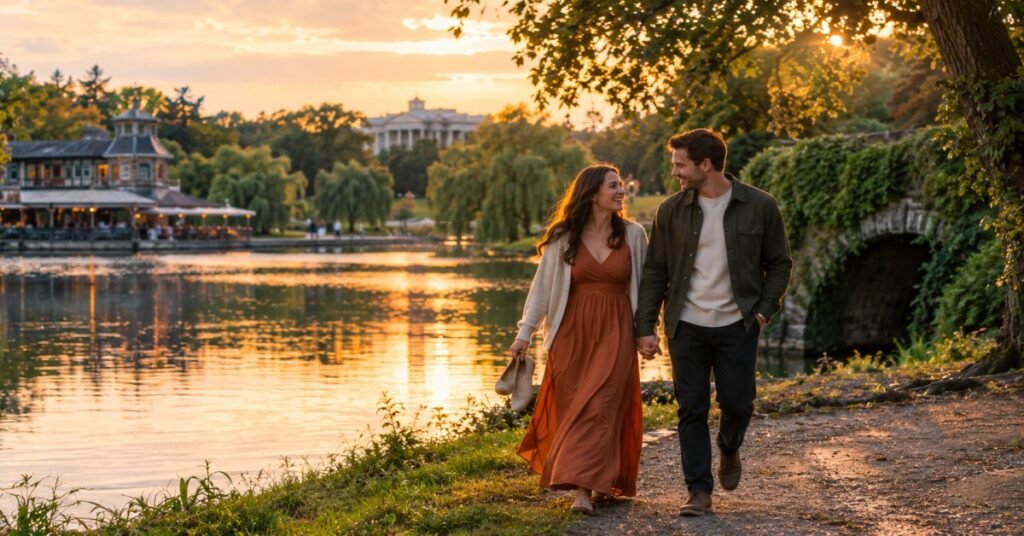 Couple walking by Hoyt Lake during an evening Delaware Park photoshoot in Buffalo NY
