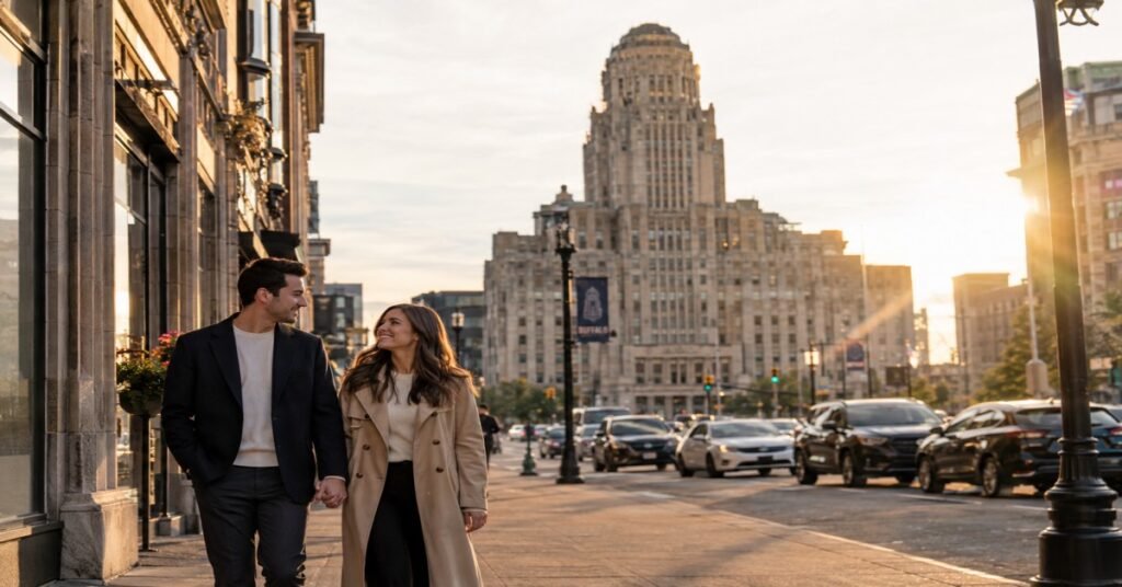 Couple taking engagement portraits during a downtown Buffalo photoshoot near City Hall