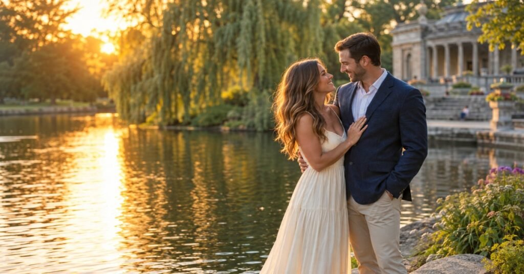 Romantic couple walking along Hoyt Lake at sunset during an engagement photo locations Buffalo NY session