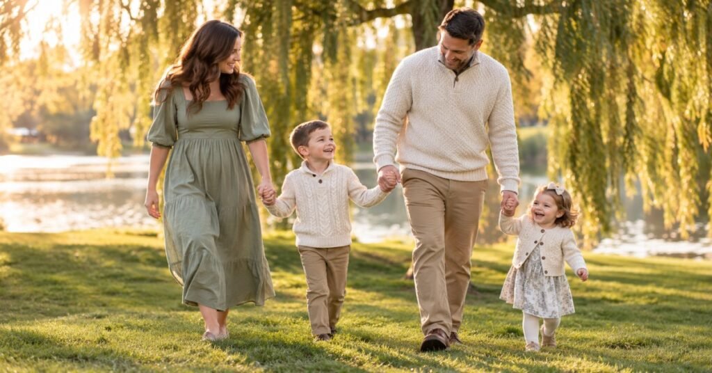 Happy family walking together through open meadow during a family photoshoot Buffalo NY session