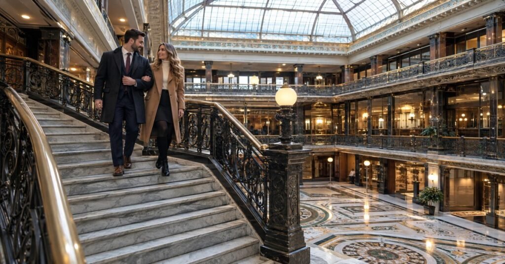 Couple posing inside the Ellicott Square Building atrium during an indoor photoshoot Buffalo NY